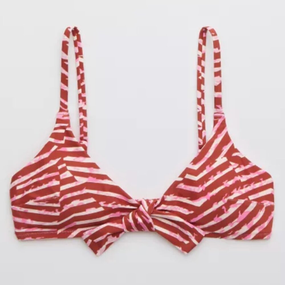 Aerie Tie Front Scoop Bikini Swim Top Best Buds Pink White Striped Size Small - Picture 6 of 9